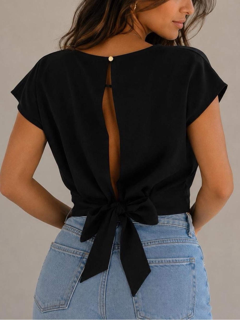 Forever 21 Contemporary Vintage Style Black Tie Hem Backless Crop Top S